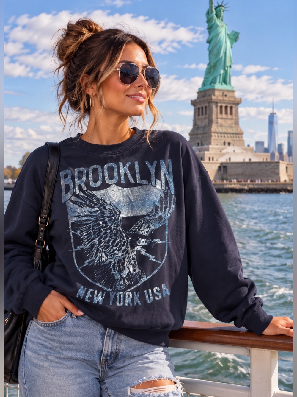 Metallic Foil Brooklyn Eagle Graphic Crewneck Sweatshirt